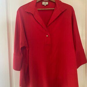 Tuckernuck Willow Poplin Quarter Sleeve Cotton Blouse Red M